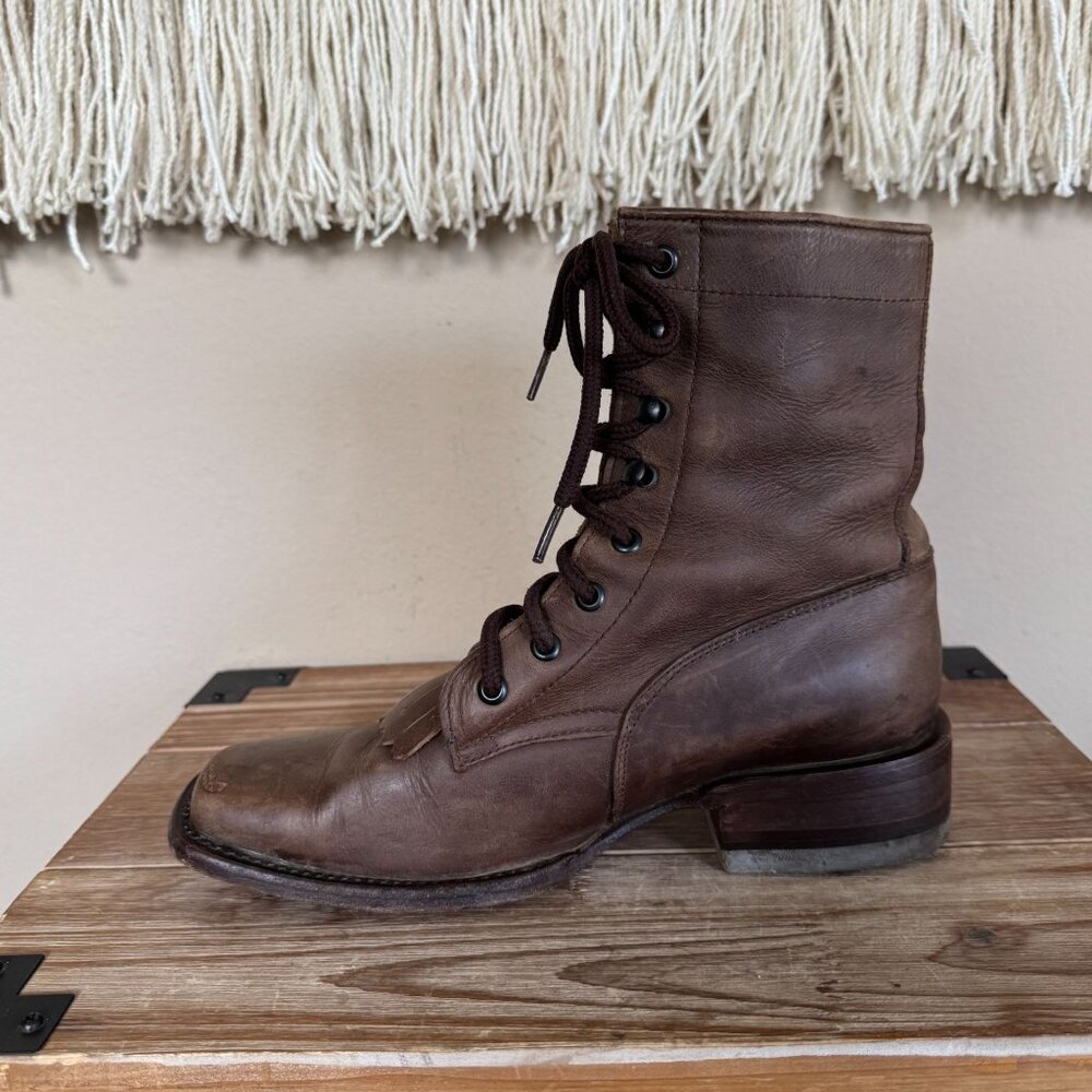 Raywelt Brown Leather Square Toe Fringe Roper Lace Up Ankle Boot Size  7.5 - Picture 9 of 17